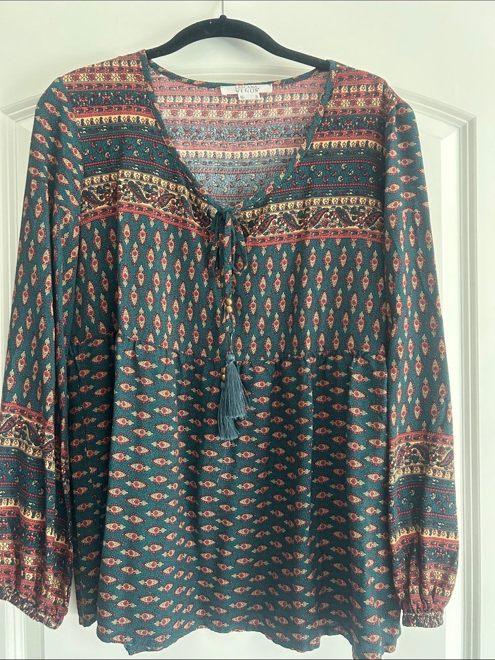 VENUS Teal Printed Long-Sleeve Tassel Peasant Top